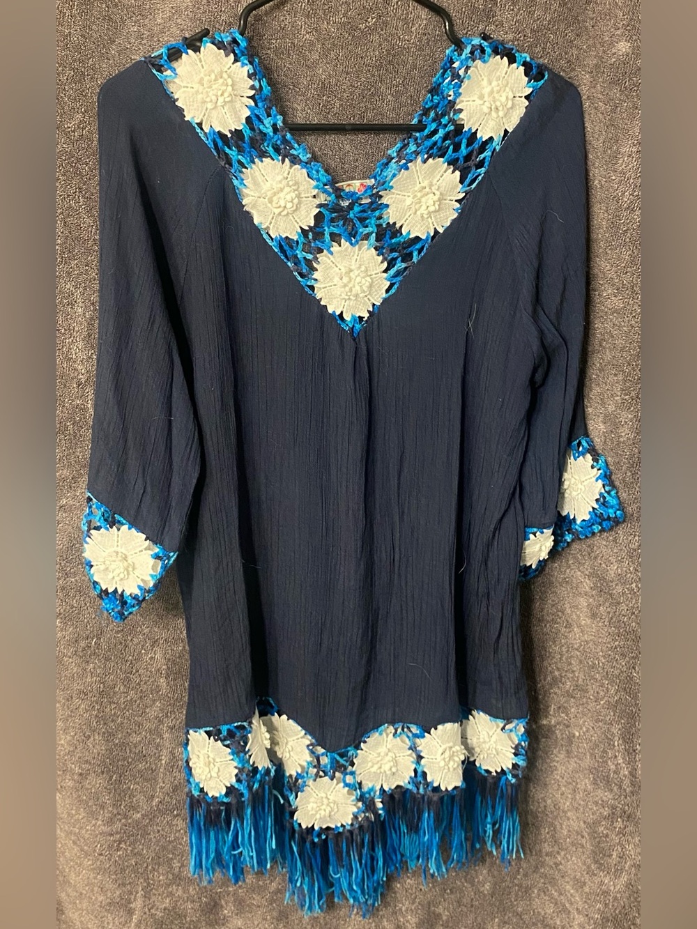 India Boutique Navy Blue Swim Cover-Up with Blue & White Floral Crochet Accents